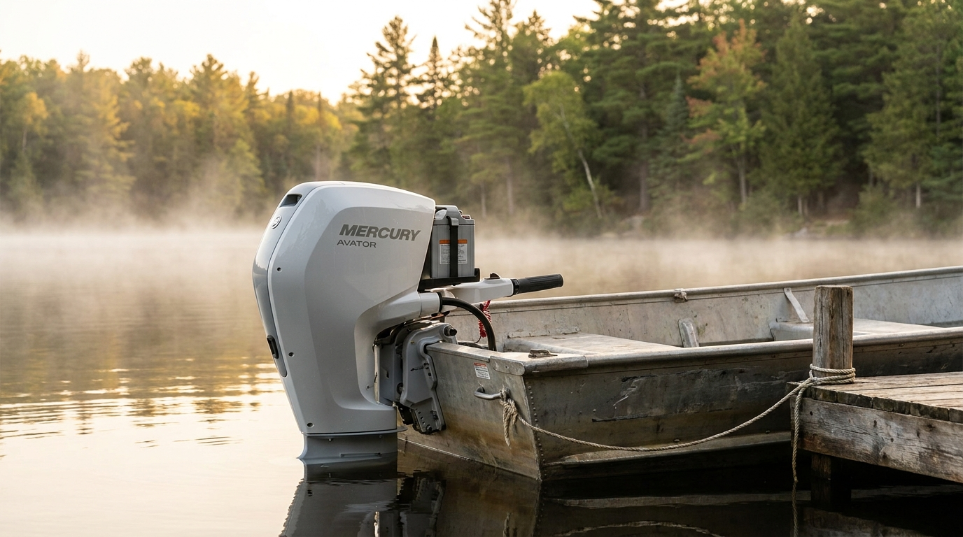 Mercury Avator electric outboard mounted on aluminum boat at cottage dock
