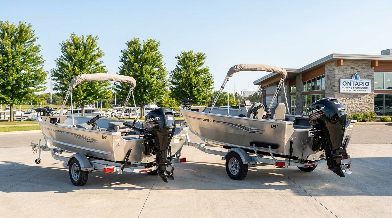 Mercury 25 HP and 90 HP outboards on aluminum boats to illustrate different horsepower needs for boat sizing.